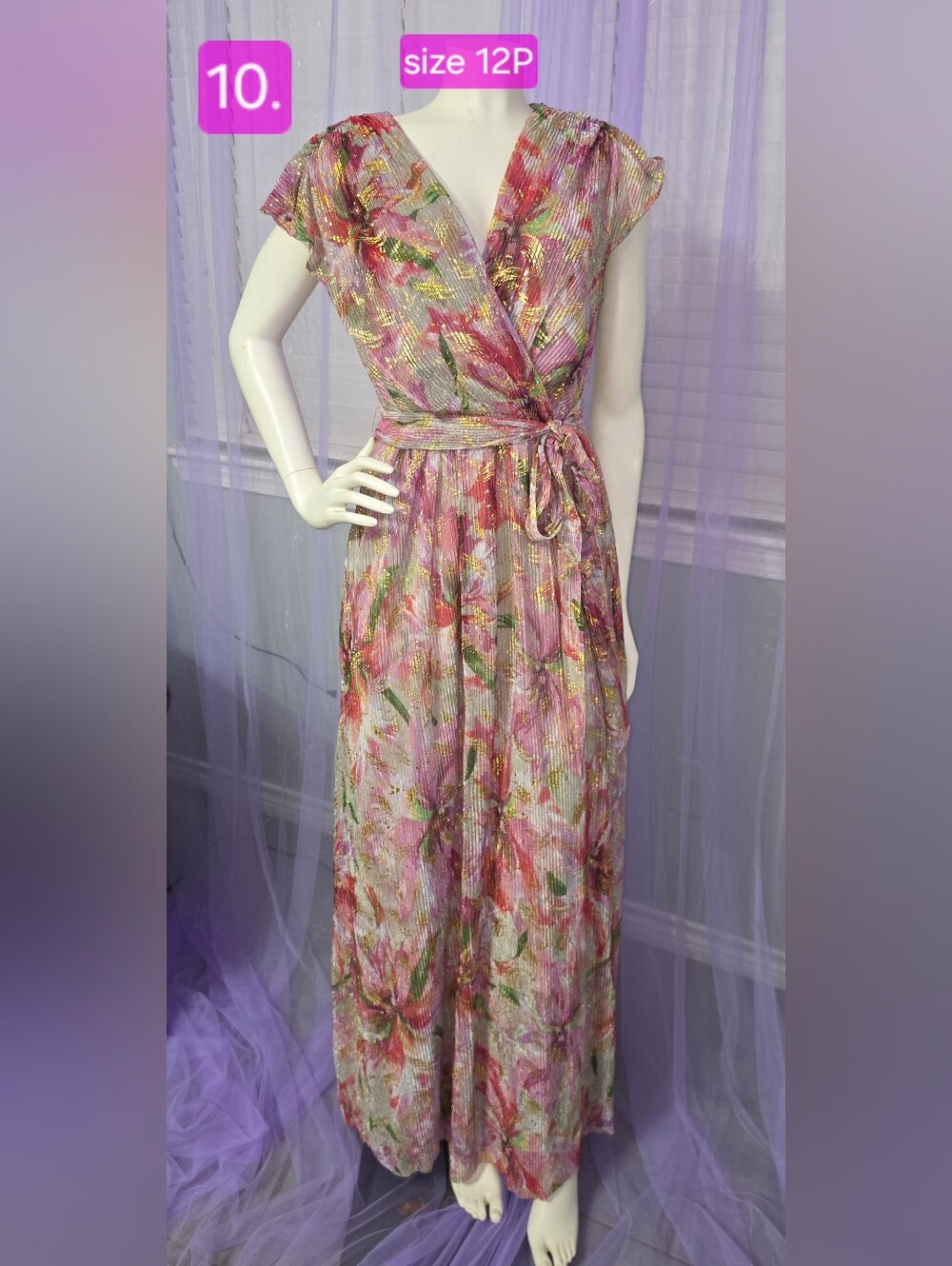 Jessica Howard Pink Floral Metallic Wrap Maxi Dress